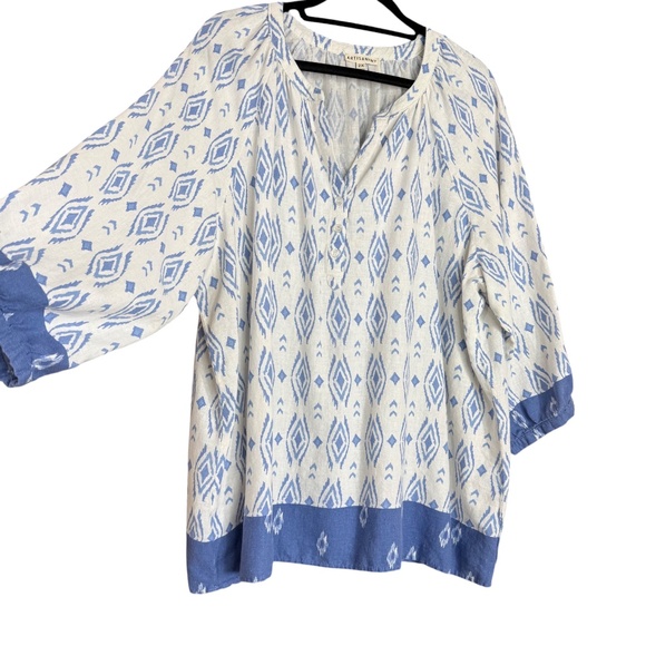 Artizan NY White & Blue Tribal Print Linen Blend 3/4 Sleeve Boho Tunic Size 2X - Picture 7 of 13